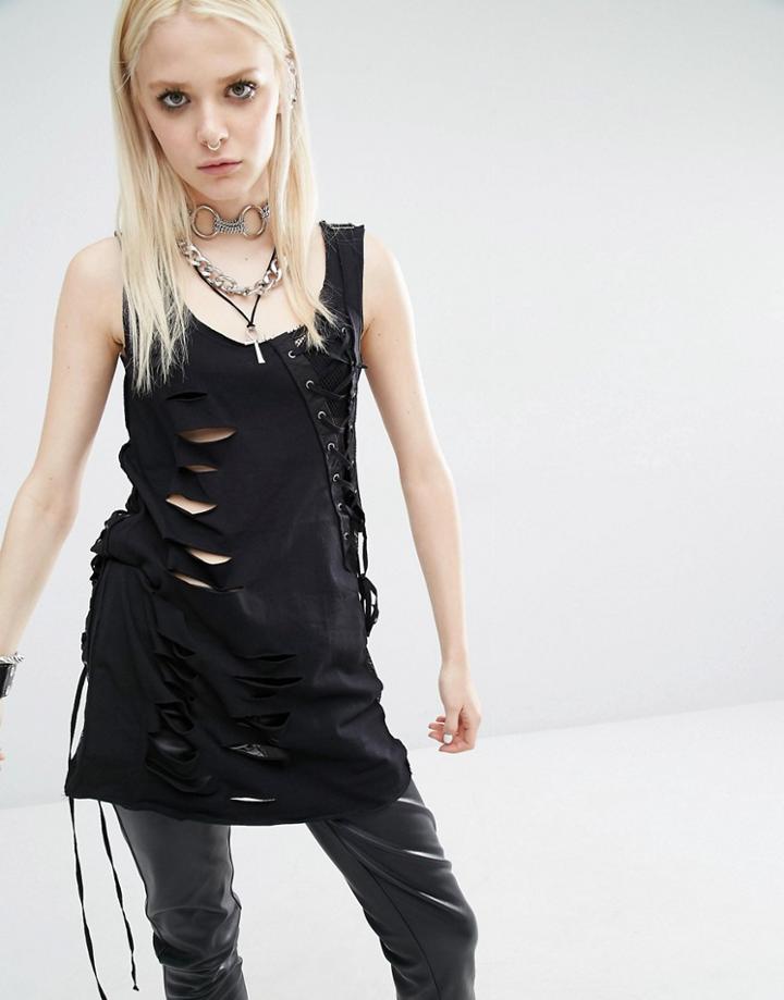 Tripp Nyc Slash Asymmetric Lace Up Top - Black