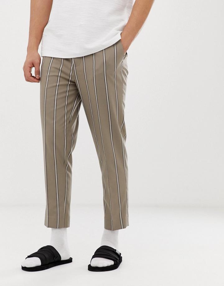 Asos Design Tapered Crop Smart Pants In Beige With Pin Stripe - Gray