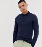 Asos Design Tall Long Sleeve Jersey Polo - Navy