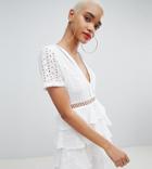 Prettylittlething Broderie Anglaise Tiered Dress - White
