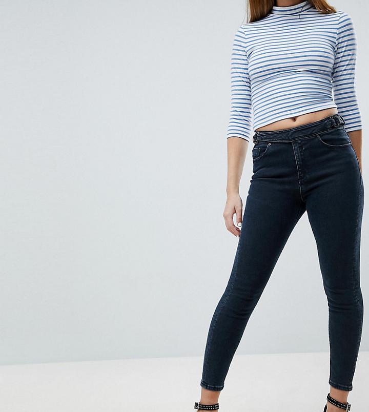 Asos Design Petite Ridley High Waist Skinny Jeans With Double D-ring Detail In Viola Deep Blue Wash - Blue
