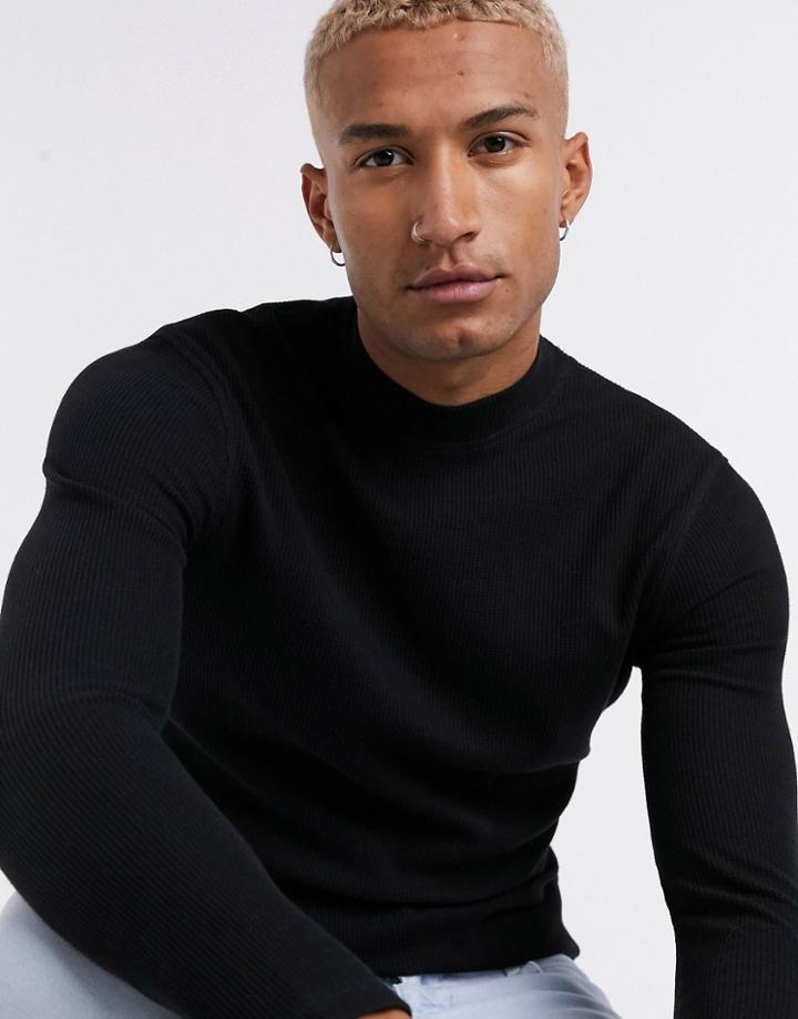 Bershka Waffle Knit Turtleneck Sweater In Black