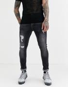 Asos Design Super Skinny Jeans In Vintage Washed Black With Rips