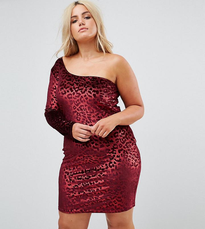 Naanaa Plus One Shoulder Bodycon Dress In Velvet Leopard-red