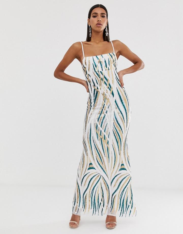 Goddiva Square Neck Swirl Sequin Maxi Dress In Green