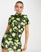 Asos Design High Neck Mini T Shirt Dress In Lime Floral-multi