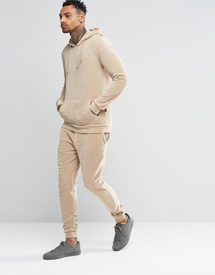 Criminal Damage Skinny Velour Joggers - Beige