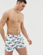 Asos Design Swim Shorts In Shark Pool Party Print In White Short Length - White