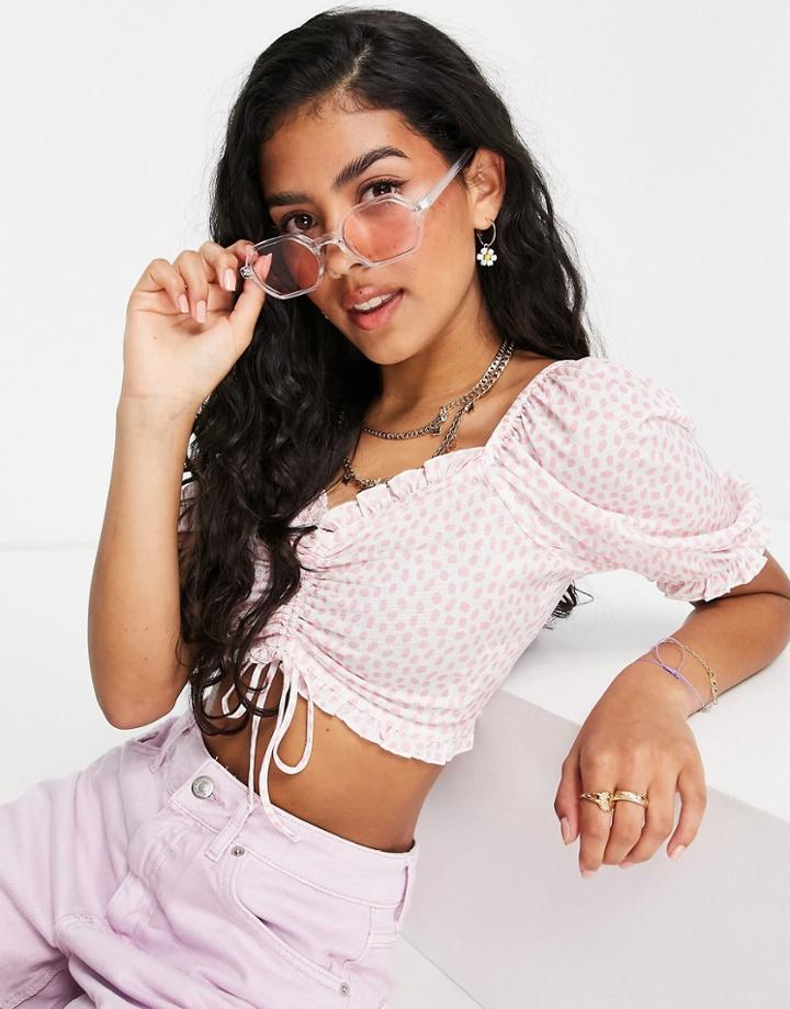 Miss Selfridge Ruched Front Top In Pink Dot-multi