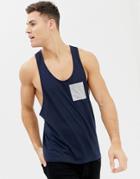 Asos Design Extreme Racer Back Tank With Contrast Pocket In Navy - Navy