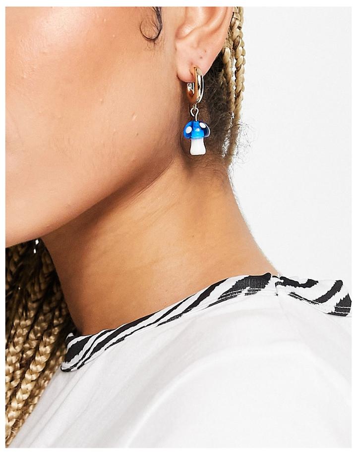 Topshop Mushroom Charm Huggy Hoop Earrings In Gold And Blue