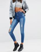 Missguided Sinner High Waisted Distressed Skinny Jeans - Blue