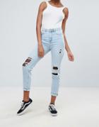 New Look Fishnet Detail Mom Jeans - Blue