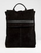 Asos Design Suede Belted Flap Backpack - Black