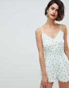 Asos Design Cami Romper With Shirred Waist And Lace Trim In Print - Multi