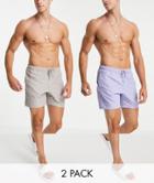 Asos Design 2 Pack Swim Shorts In Purple And Light Gray Mid Length Save-multi
