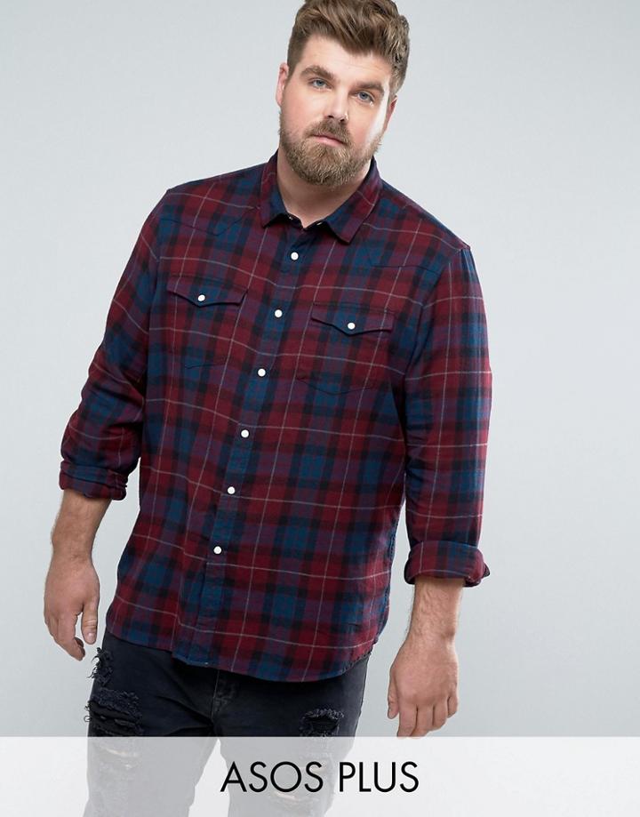 Asos Plus Regular Fit Check Shirt With Western Styling In Burgundy - Red