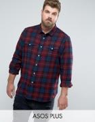 Asos Plus Regular Fit Check Shirt With Western Styling In Burgundy - Red