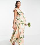 Liquorish Maternity Bridesmaid Plunge Front Maxi Dress In Peach Rose Print-pink