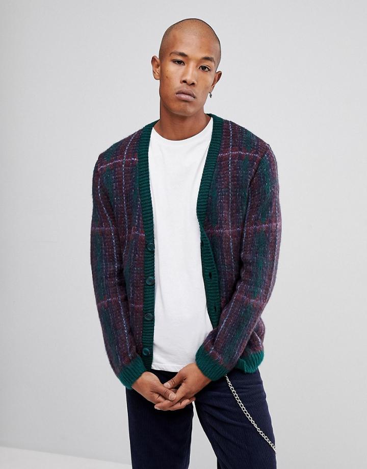 Asos Fluffy Oversized Cardigan In Purple Check - Purple