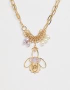 Asos Design Statement Necklace With Pastel Pearls And Abstract Pendant In Gold Tone - Gold