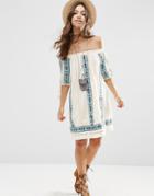 Asos Premium Off Shoulder Swing Dress With Aztec Embroidery - Cream