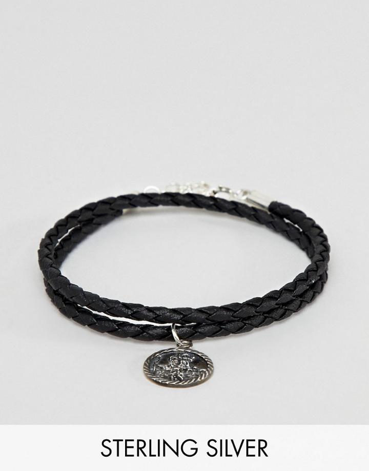 Asos Design Bracelet With Sterling Silver St Christopher Pendant - Black