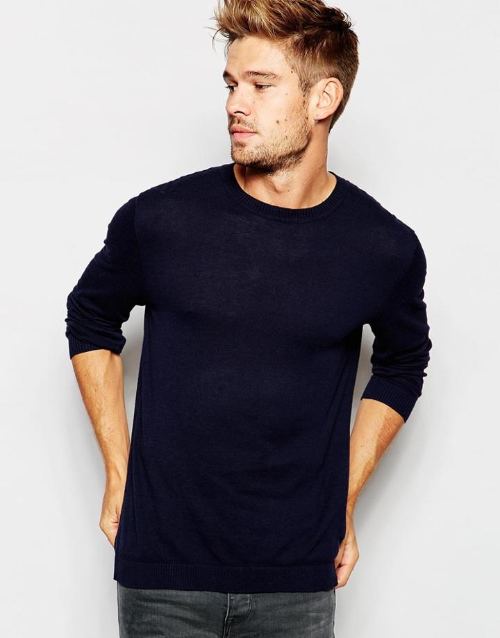 Asos Crew Neck Jumper In Navy Cotton - Navy