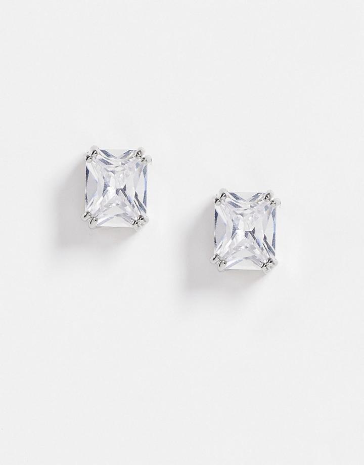 Asos Design Rectangle Stud Earrings With Cubic Zirconia Stones-silver