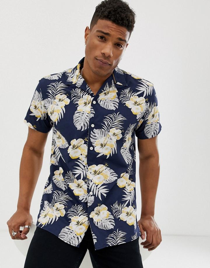 Jack & Jones Originals Revere Collar Shirt With All Over Print In Navy