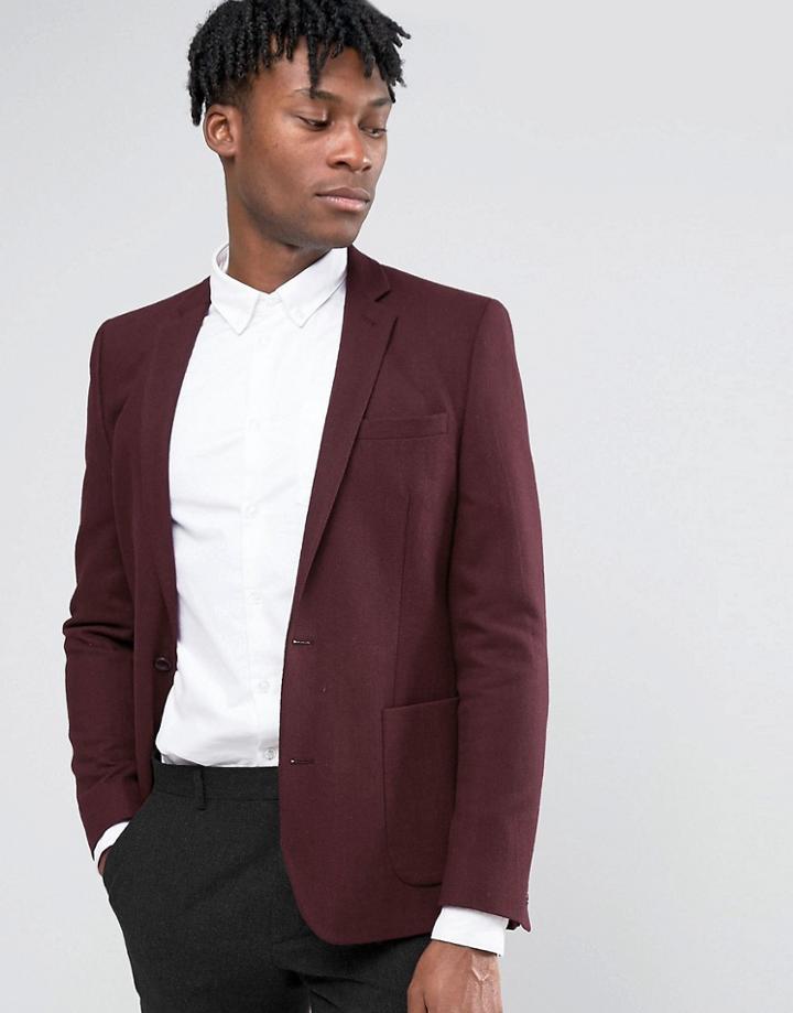 Asos Skinny Blazer In Burgundy Wool Mix - Red