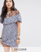 Milk It Vintage Shift Dress With Ruffle And Mesh Shoulder Details - Multi