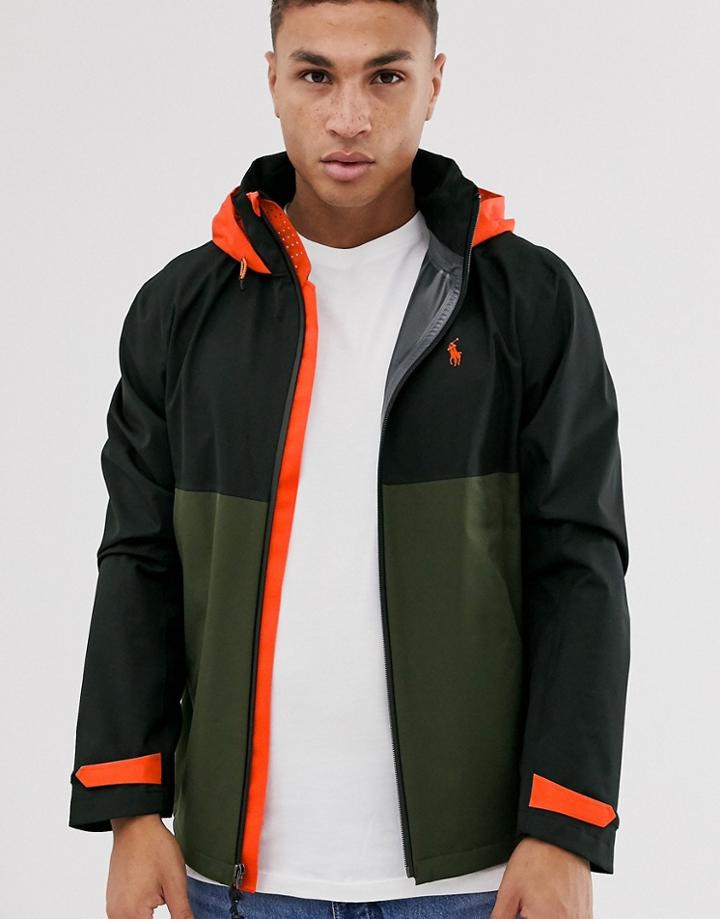 Polo Ralph Lauren Waterproof Hooded Color Block Jacket In Black/green