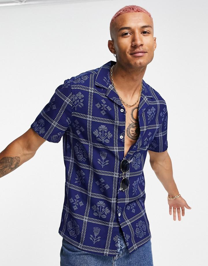 Asos Design Regular Shirt In Navy Tapestry Stitch Print