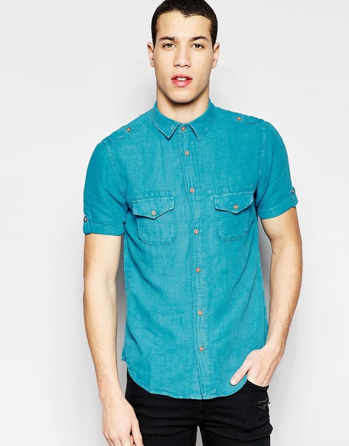 Brave Soul Vintage Wash Summer Short Sleeve Shirt - Blue