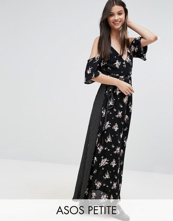 Asos Petite Wrap Front Maxi Dress With Cold Shoulder In Mixed Print -