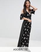 Asos Petite Wrap Front Maxi Dress With Cold Shoulder In Mixed Print -