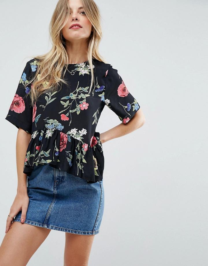 Asos Tee With Asymmetric Ruffle Hem In Floral - Multi
