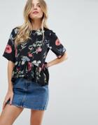 Asos Tee With Asymmetric Ruffle Hem In Floral - Multi