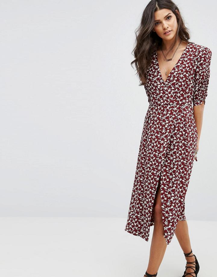 Ba & Sh Floral Wrap Front Midi Dress - Red