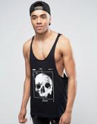 Asos Tank With Geo Skull Print And Raw Edge Extreme Racer Back - Black