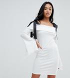 John Zack Petite Bardot Mini Dress With Tie Shoulder Detail - White