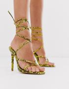 Asos Design Navigate Barely There Heeled Sandal In Neon Yellow Snake