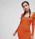 Prettylittlething Striped Square Neck Ribbed Dress - Orange