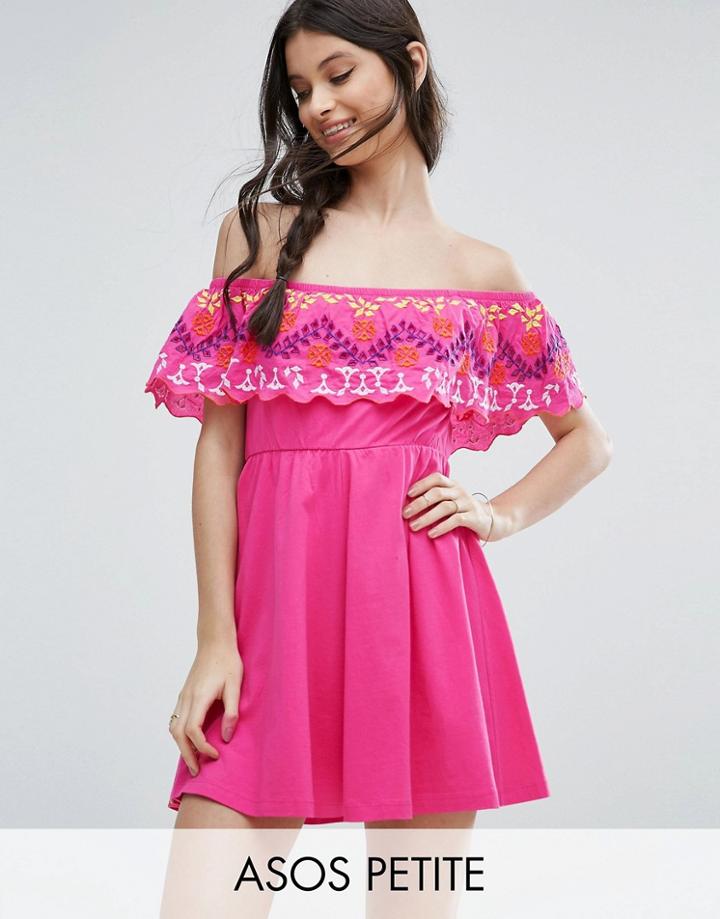 Asos Petite Off Shoulder Sundress In Broderie - Multi
