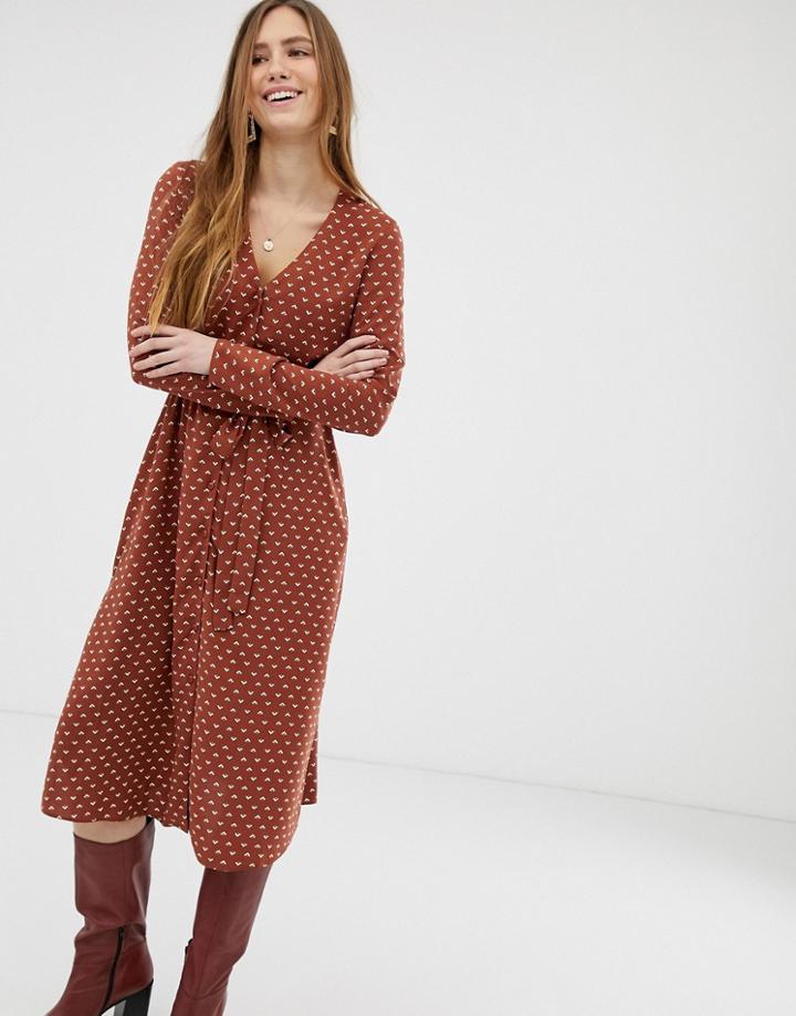 Miss Selfridge Midi Dress With Tie Waist In Brown - Brown
