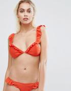 Prettylittlething Frill Plunge Bikini Top - Red