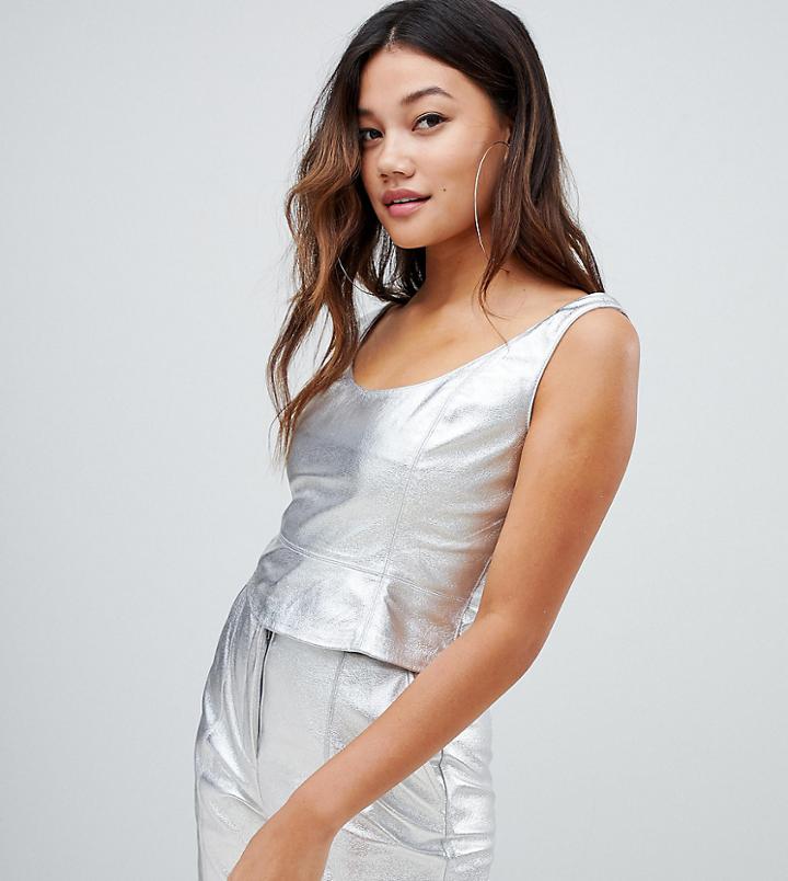 Bershka Metallic Crop Top-silver