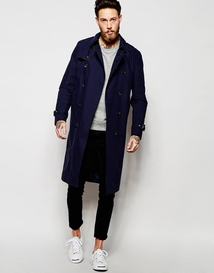 Asos Shower Resistant Longline Trench Coat With Belt In Navy - Navy