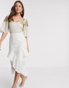 Virgos Lounge Embellished Midi Dress With Flutter Sleeve And Ruffle Skirt In Ivory-white